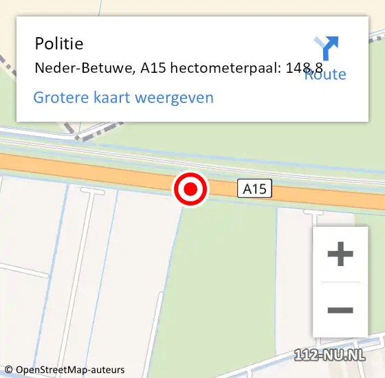 Locatie op kaart van de 112 melding: Politie Neder-Betuwe, A15 hectometerpaal: 148,8 op 10 september 2022 02:01
