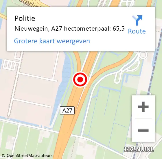 Locatie op kaart van de 112 melding: Politie Nieuwegein, A27 hectometerpaal: 65,5 op 10 september 2022 07:34