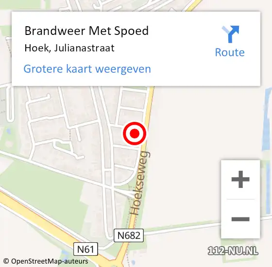 Locatie op kaart van de 112 melding: Brandweer Met Spoed Naar Hoek, Julianastraat op 10 september 2022 11:32