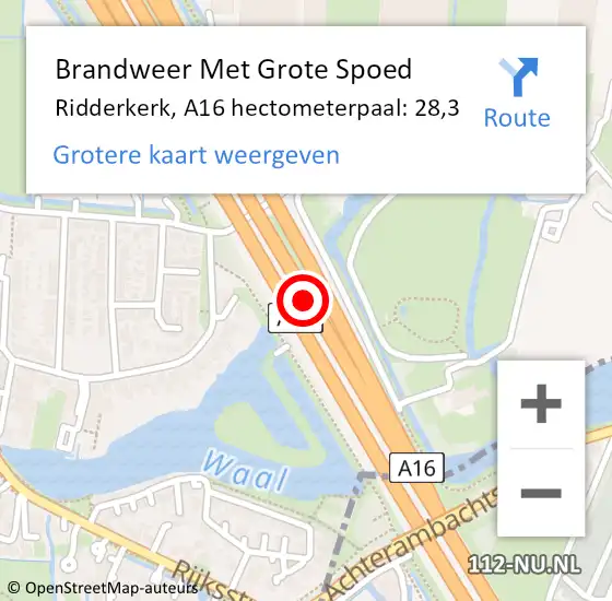 Locatie op kaart van de 112 melding: Brandweer Met Grote Spoed Naar Ridderkerk, A16 hectometerpaal: 28,3 op 10 september 2022 11:48