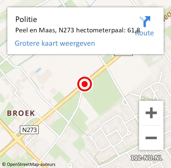 Locatie op kaart van de 112 melding: Politie Peel en Maas, N273 hectometerpaal: 61,8 op 10 september 2022 14:31