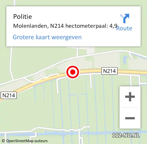 Locatie op kaart van de 112 melding: Politie Molenlanden, N214 hectometerpaal: 4,9 op 10 september 2022 21:41