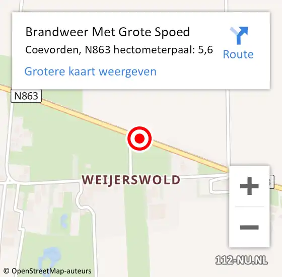 Locatie op kaart van de 112 melding: Brandweer Met Grote Spoed Naar Coevorden, N863 hectometerpaal: 5,6 op 11 september 2022 01:18