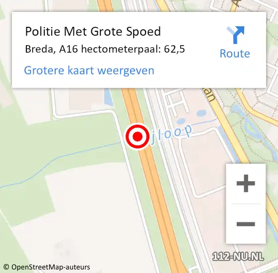 Locatie op kaart van de 112 melding: Politie Met Grote Spoed Naar Breda, A16 hectometerpaal: 62,5 op 12 september 2022 11:01