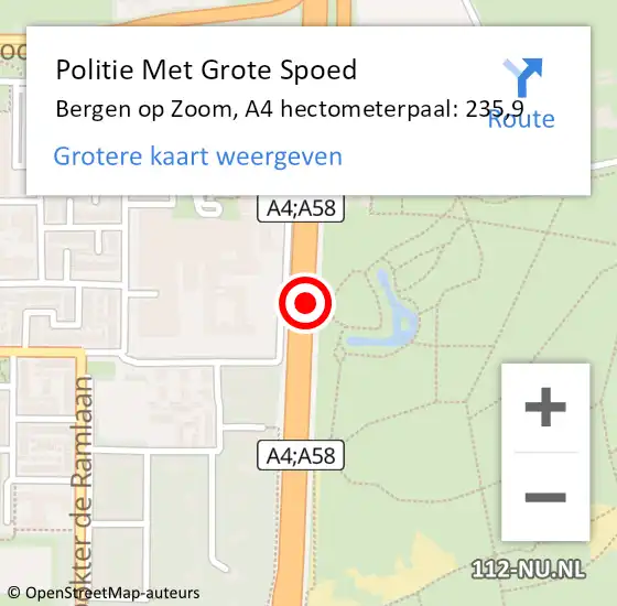 Locatie op kaart van de 112 melding: Politie Met Grote Spoed Naar Bergen op Zoom, A4 hectometerpaal: 235,9 op 12 september 2022 15:51