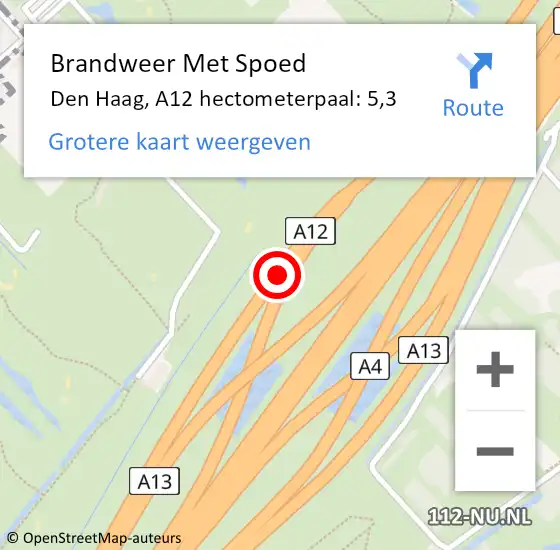 Locatie op kaart van de 112 melding: Brandweer Met Spoed Naar Den Haag, A12 hectometerpaal: 5,3 op 12 september 2022 16:01