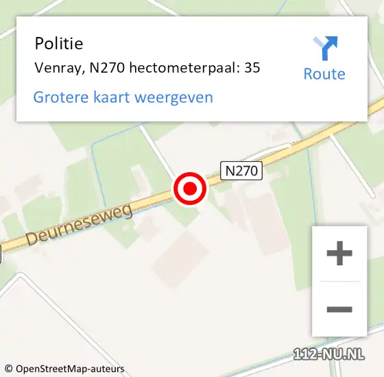 Locatie op kaart van de 112 melding: Politie Venray, N270 hectometerpaal: 35 op 12 september 2022 16:43