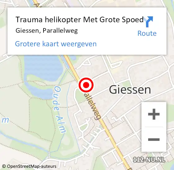 Locatie op kaart van de 112 melding: Trauma helikopter Met Grote Spoed Naar Giessen, Parallelweg op 13 september 2022 07:48