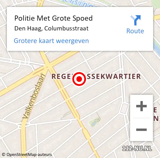 Locatie op kaart van de 112 melding: Politie Met Grote Spoed Naar Den Haag, Columbusstraat op 13 september 2022 17:33