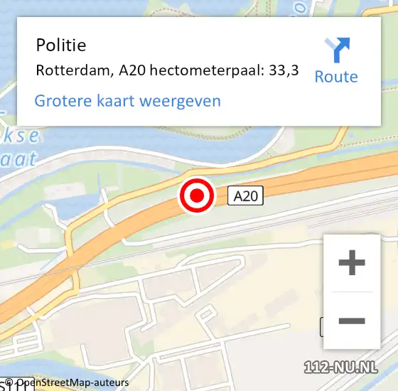 Locatie op kaart van de 112 melding: Politie Rotterdam, A20 hectometerpaal: 33,3 op 13 september 2022 18:18