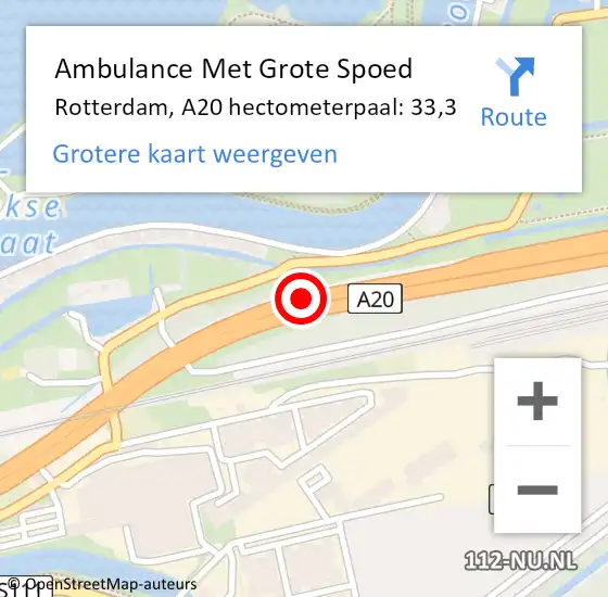 Locatie op kaart van de 112 melding: Ambulance Met Grote Spoed Naar Rotterdam, A20 hectometerpaal: 33,3 op 13 september 2022 18:19