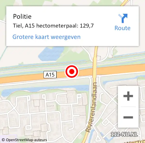 Locatie op kaart van de 112 melding: Politie Tiel, A15 hectometerpaal: 129,7 op 13 september 2022 21:17
