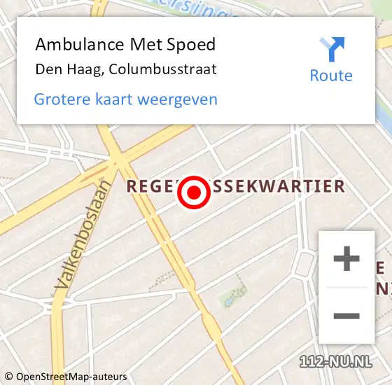 Locatie op kaart van de 112 melding: Ambulance Met Spoed Naar Den Haag, Columbusstraat op 14 september 2022 09:37