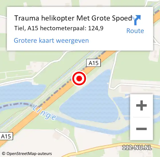 Locatie op kaart van de 112 melding: Trauma helikopter Met Grote Spoed Naar Tiel, A15 hectometerpaal: 124,9 op 14 september 2022 14:12