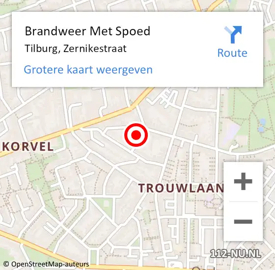Locatie op kaart van de 112 melding: Brandweer Met Spoed Naar Tilburg, Zernikestraat op 14 september 2022 17:16
