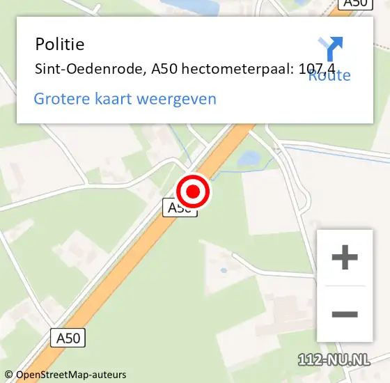 Locatie op kaart van de 112 melding: Politie Sint-Oedenrode, A50 hectometerpaal: 107,4 op 15 september 2022 06:32