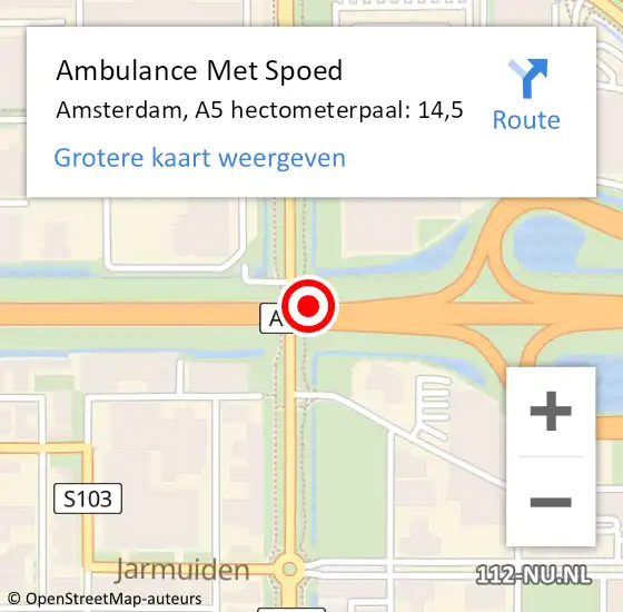 Locatie op kaart van de 112 melding: Ambulance Met Spoed Naar Amsterdam, A5 hectometerpaal: 14,5 op 15 september 2022 06:57