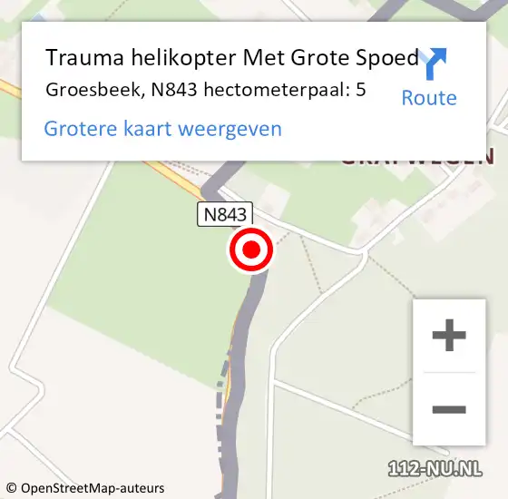 Locatie op kaart van de 112 melding: Trauma helikopter Met Grote Spoed Naar Groesbeek, N843 hectometerpaal: 5 op 15 september 2022 09:29