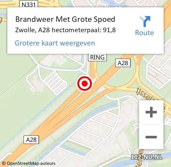 Locatie op kaart van de 112 melding: Brandweer Met Grote Spoed Naar Zwolle, A28 hectometerpaal: 91,8 op 15 september 2022 12:29