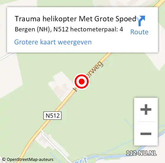 Locatie op kaart van de 112 melding: Trauma helikopter Met Grote Spoed Naar Bergen (NH), N512 hectometerpaal: 4 op 15 september 2022 18:38