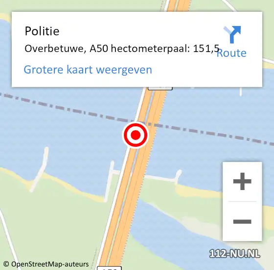 Locatie op kaart van de 112 melding: Politie Overbetuwe, A50 hectometerpaal: 151,5 op 16 september 2022 08:00