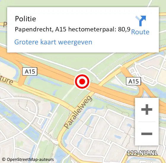 Locatie op kaart van de 112 melding: Politie Papendrecht, A15 hectometerpaal: 80,9 op 16 september 2022 10:14