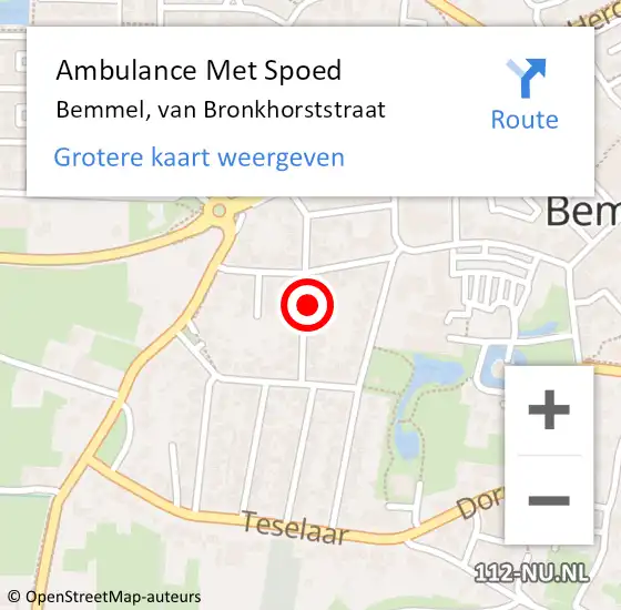Locatie op kaart van de 112 melding: Ambulance Met Spoed Naar Bemmel, van Bronkhorststraat op 16 september 2022 11:00