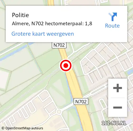 Locatie op kaart van de 112 melding: Politie Almere, N702 hectometerpaal: 1,8 op 16 september 2022 13:52