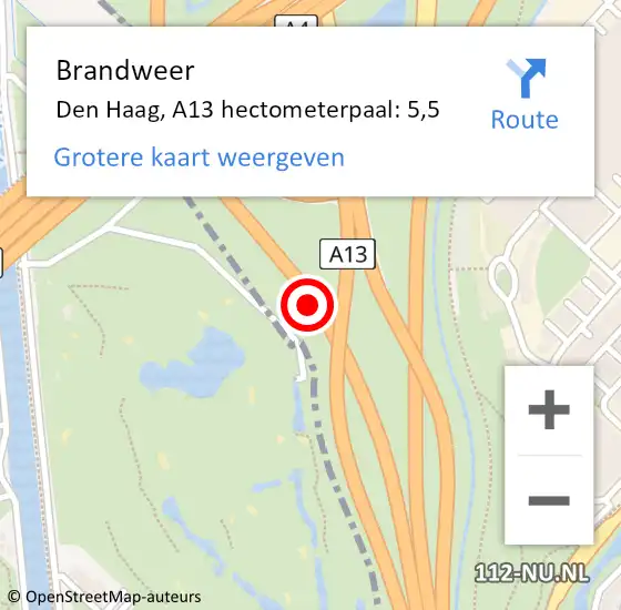 Locatie op kaart van de 112 melding: Brandweer Den Haag, A13 hectometerpaal: 5,5 op 16 september 2022 16:07