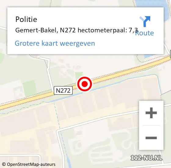 Locatie op kaart van de 112 melding: Politie Gemert-Bakel, N272 hectometerpaal: 7,3 op 17 september 2022 13:52