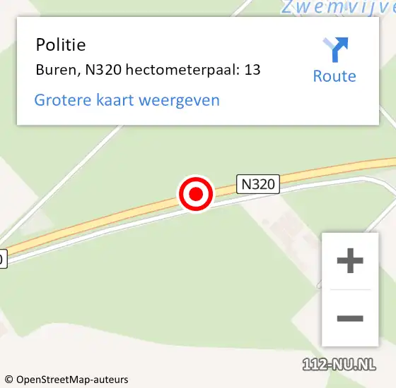 Locatie op kaart van de 112 melding: Politie Buren, N320 hectometerpaal: 13 op 17 september 2022 18:27