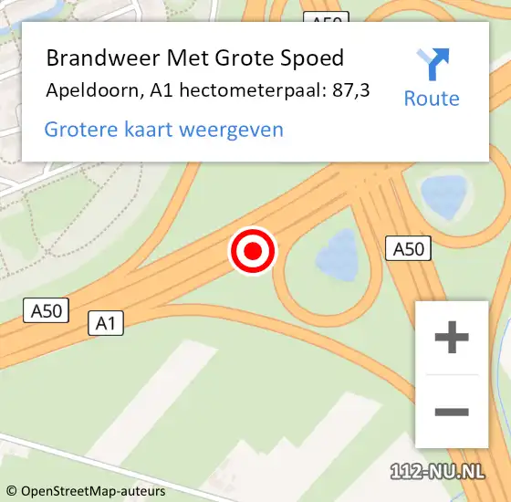Locatie op kaart van de 112 melding: Brandweer Met Grote Spoed Naar Apeldoorn, A1 hectometerpaal: 87,3 op 17 september 2022 20:59