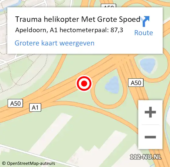 Locatie op kaart van de 112 melding: Trauma helikopter Met Grote Spoed Naar Apeldoorn, A1 hectometerpaal: 87,3 op 17 september 2022 21:04