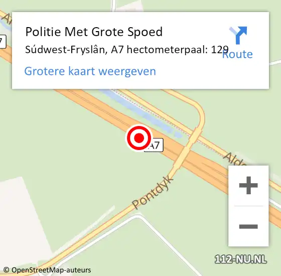Locatie op kaart van de 112 melding: Politie Met Grote Spoed Naar Súdwest-Fryslân, A7 hectometerpaal: 129 op 18 september 2022 07:12