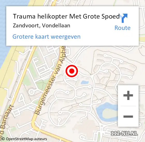 Locatie op kaart van de 112 melding: Trauma helikopter Met Grote Spoed Naar Zandvoort, Vondellaan op 18 september 2022 12:28
