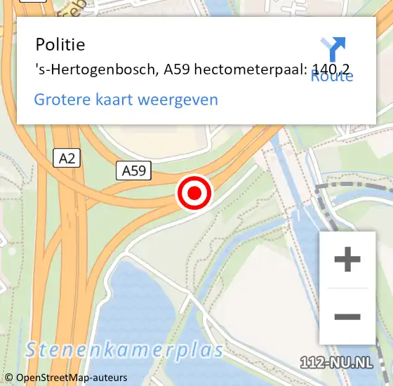 Locatie op kaart van de 112 melding: Politie 's-Hertogenbosch, A59 hectometerpaal: 140,2 op 18 september 2022 16:41