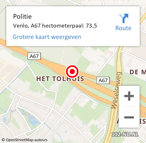 Locatie op kaart van de 112 melding: Politie Venlo, A67 hectometerpaal: 73,5 op 18 september 2022 21:08