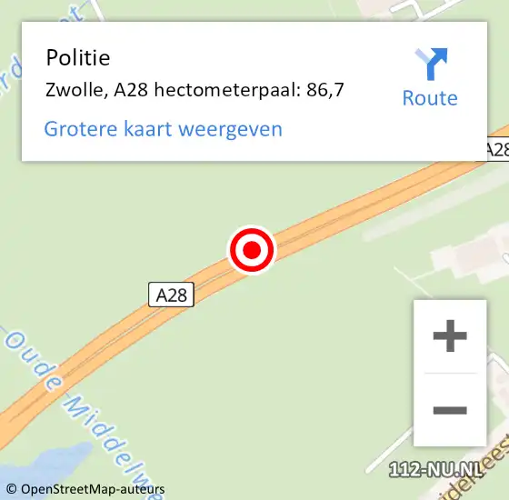Locatie op kaart van de 112 melding: Politie Zwolle, A28 hectometerpaal: 86,7 op 19 september 2022 07:38