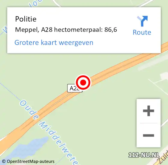 Locatie op kaart van de 112 melding: Politie Meppel, A28 hectometerpaal: 86,6 op 19 september 2022 07:41