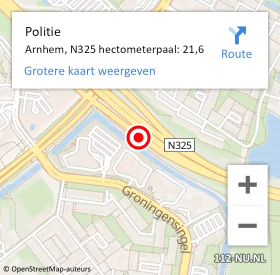 Locatie op kaart van de 112 melding: Politie Arnhem, N325 hectometerpaal: 21,6 op 19 september 2022 11:03