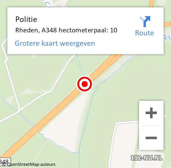 Locatie op kaart van de 112 melding: Politie Rheden, A348 hectometerpaal: 10 op 19 september 2022 12:43