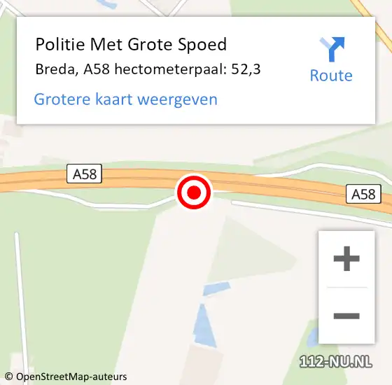 Locatie op kaart van de 112 melding: Politie Met Grote Spoed Naar Breda, A58 hectometerpaal: 52,3 op 19 september 2022 18:00