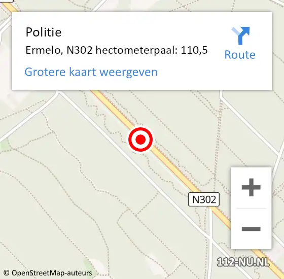 Locatie op kaart van de 112 melding: Politie Ermelo, N302 hectometerpaal: 110,5 op 19 september 2022 20:44