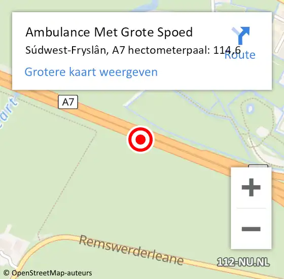 Locatie op kaart van de 112 melding: Ambulance Met Grote Spoed Naar Súdwest-Fryslân, A7 hectometerpaal: 114,6 op 20 september 2022 15:27