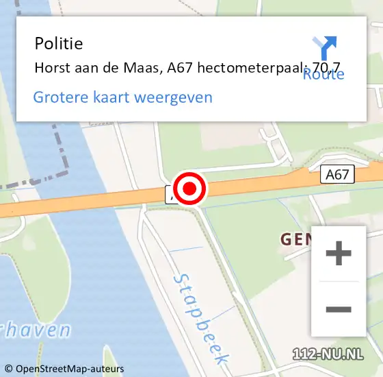 Locatie op kaart van de 112 melding: Politie Horst aan de Maas, A67 hectometerpaal: 70,7 op 20 september 2022 17:31