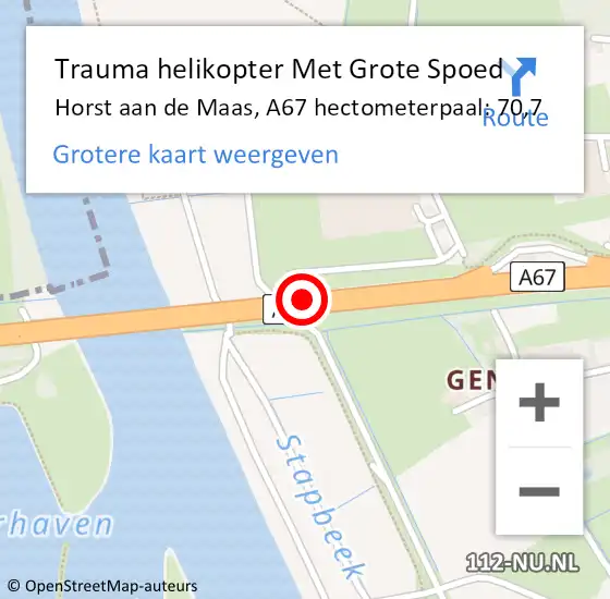 Locatie op kaart van de 112 melding: Trauma helikopter Met Grote Spoed Naar Horst aan de Maas, A67 hectometerpaal: 70,7 op 20 september 2022 17:33