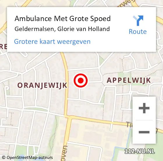 Locatie op kaart van de 112 melding: Ambulance Met Grote Spoed Naar Geldermalsen, Glorie van Holland op 20 september 2022 20:34
