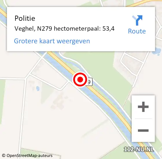 Locatie op kaart van de 112 melding: Politie Veghel, N279 hectometerpaal: 53,4 op 21 september 2022 07:05