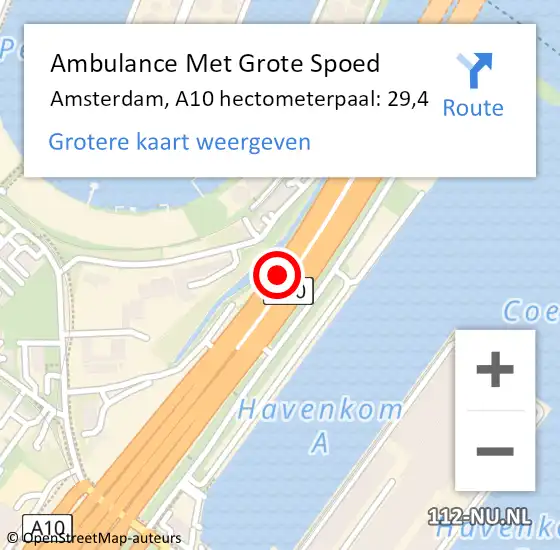 Locatie op kaart van de 112 melding: Ambulance Met Grote Spoed Naar Amsterdam, A10 hectometerpaal: 29,4 op 21 september 2022 17:27