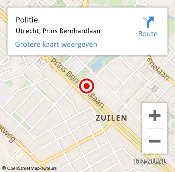 Locatie op kaart van de 112 melding: Politie Utrecht, Prins Bernhardlaan op 22 september 2022 11:14